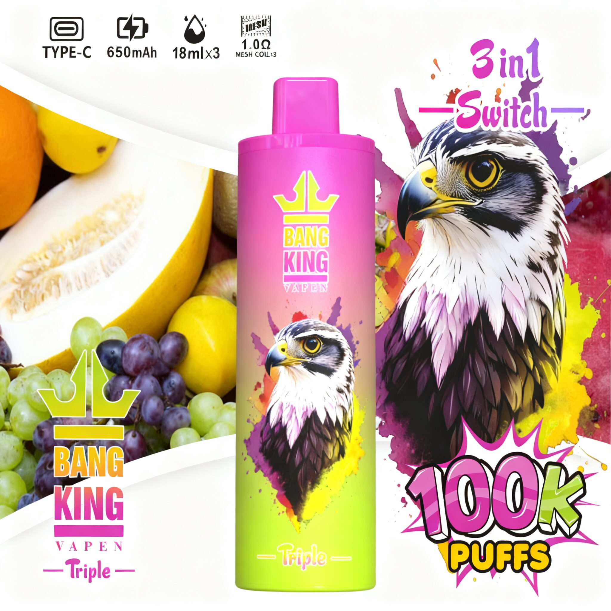 Bang King Triple 100000 100K Puffs 3 in 1 Flavors Original Rechargeable Disposable Vape - Image 5