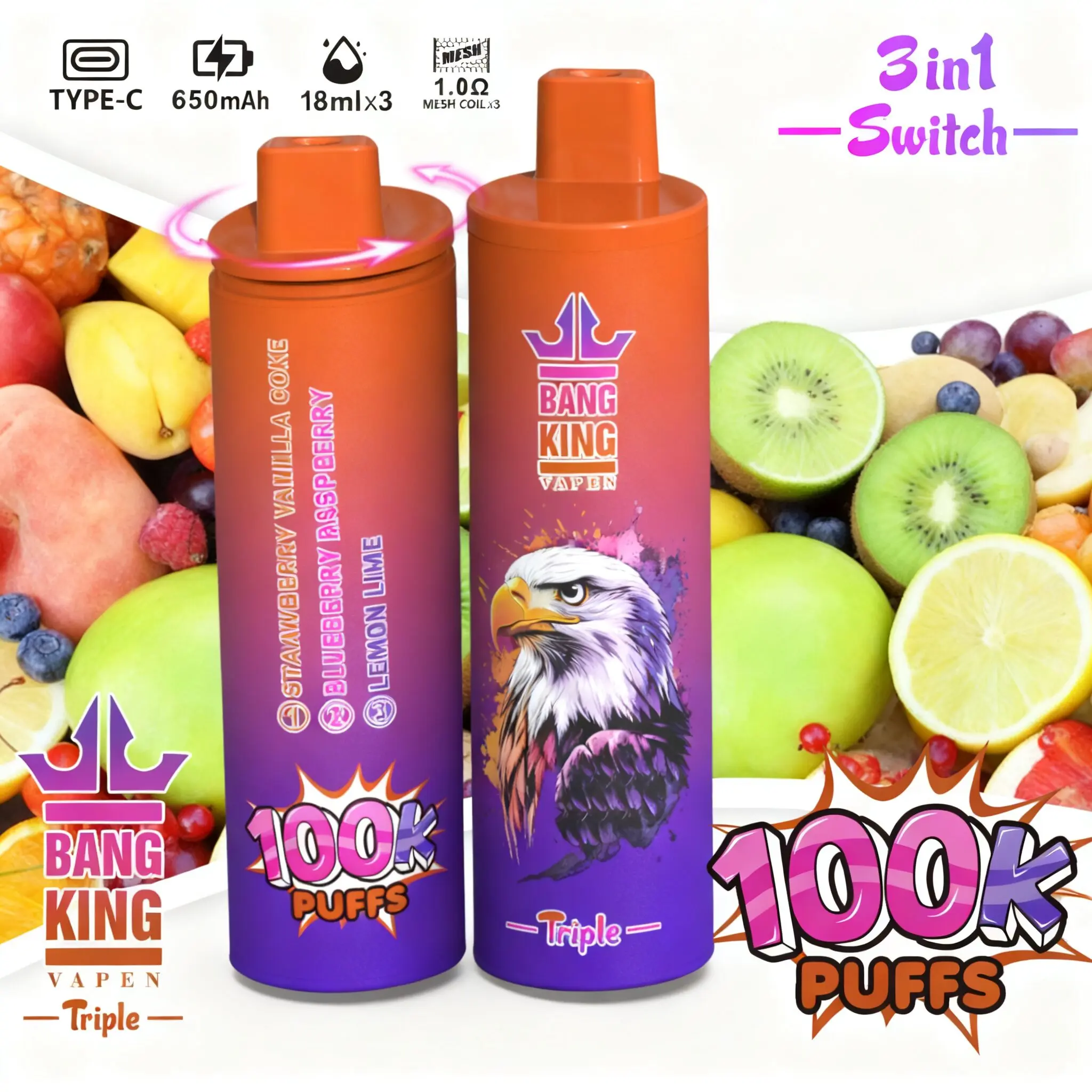 Bang King Triple 100000 100K Puffs 3 in 1 Flavors Original Rechargeable Disposable Vape - Image 16