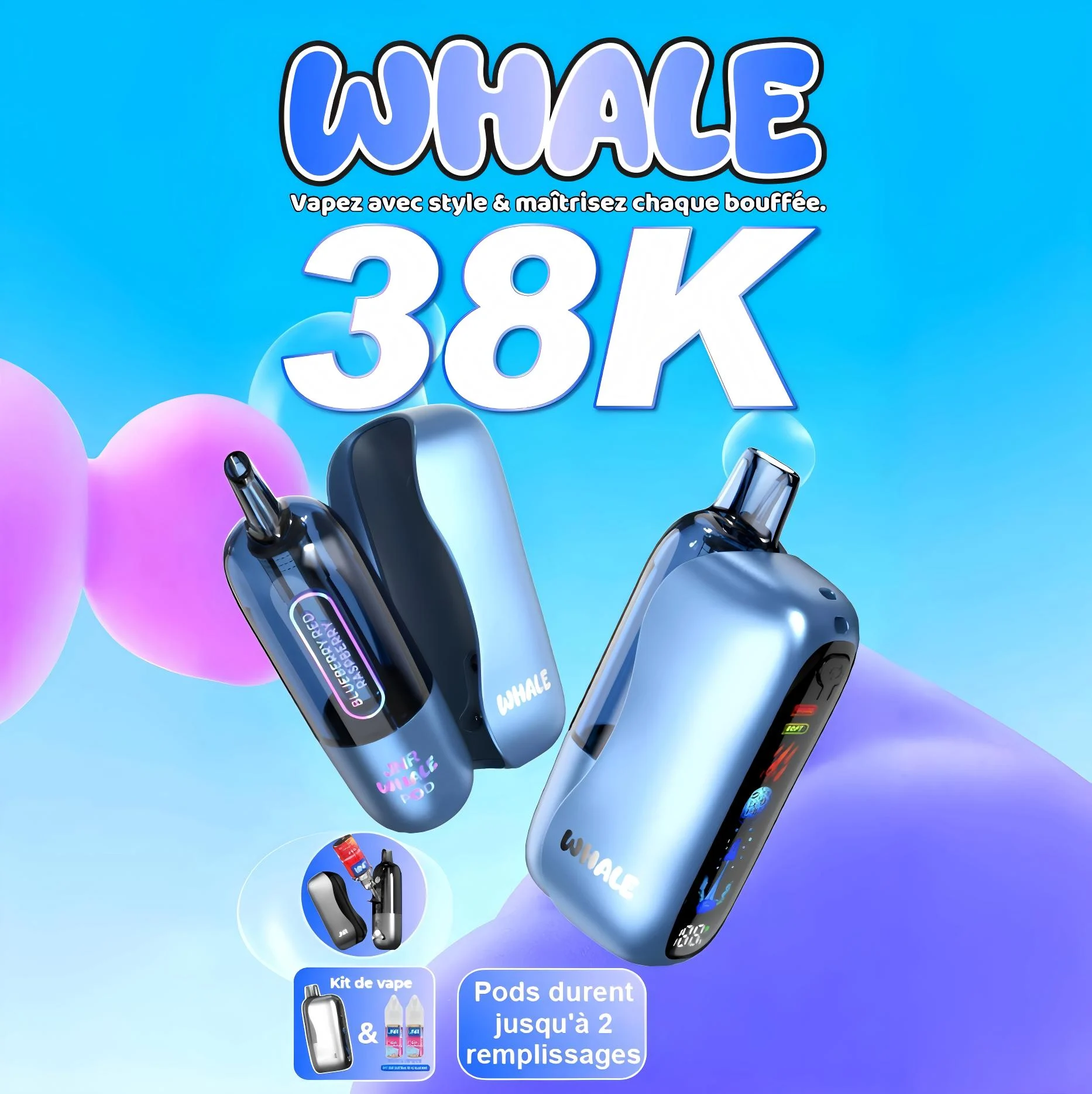 JNR Whale 38K Puffs - Kit Pod Pré-rempli et Rechargeable - Image 3