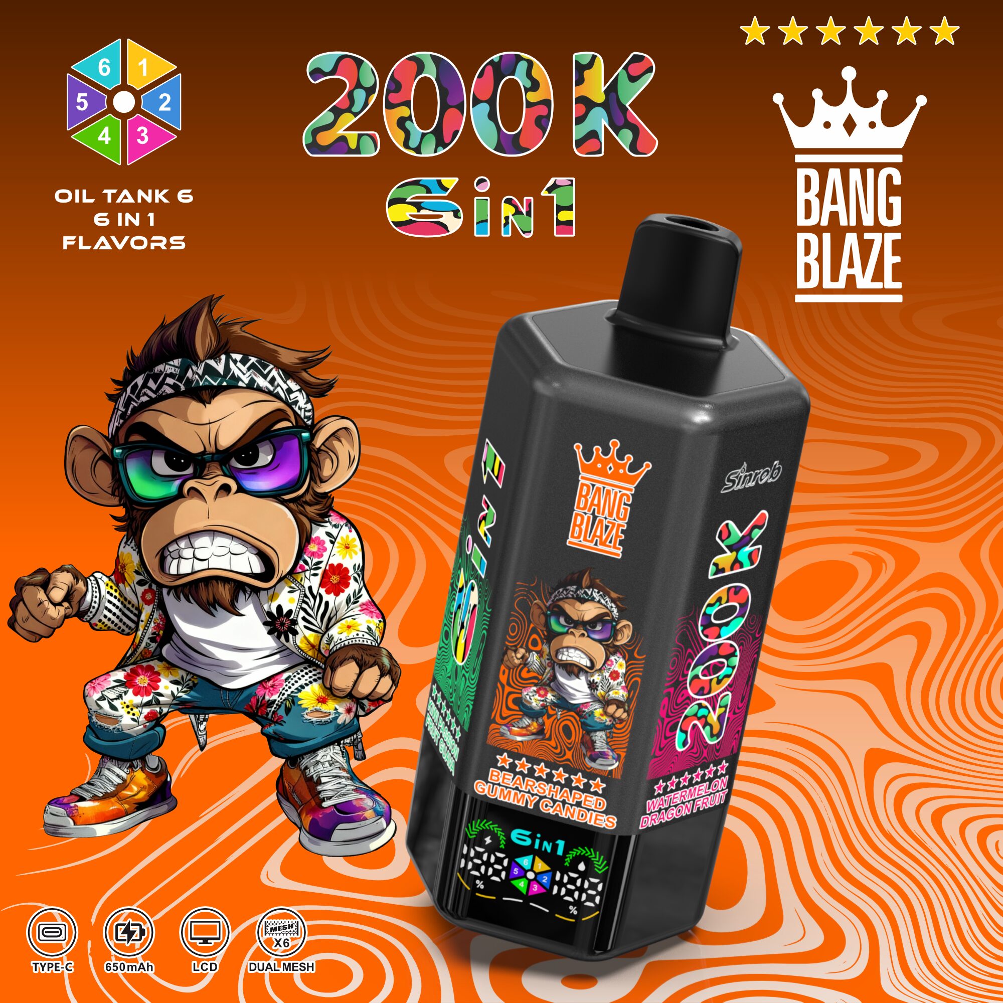 Bang Blaze 200000 200K Puffs 6 in 1 Flavors & 6 oil tanks Rechargeable LCD Display Disposable Vape - Image 17