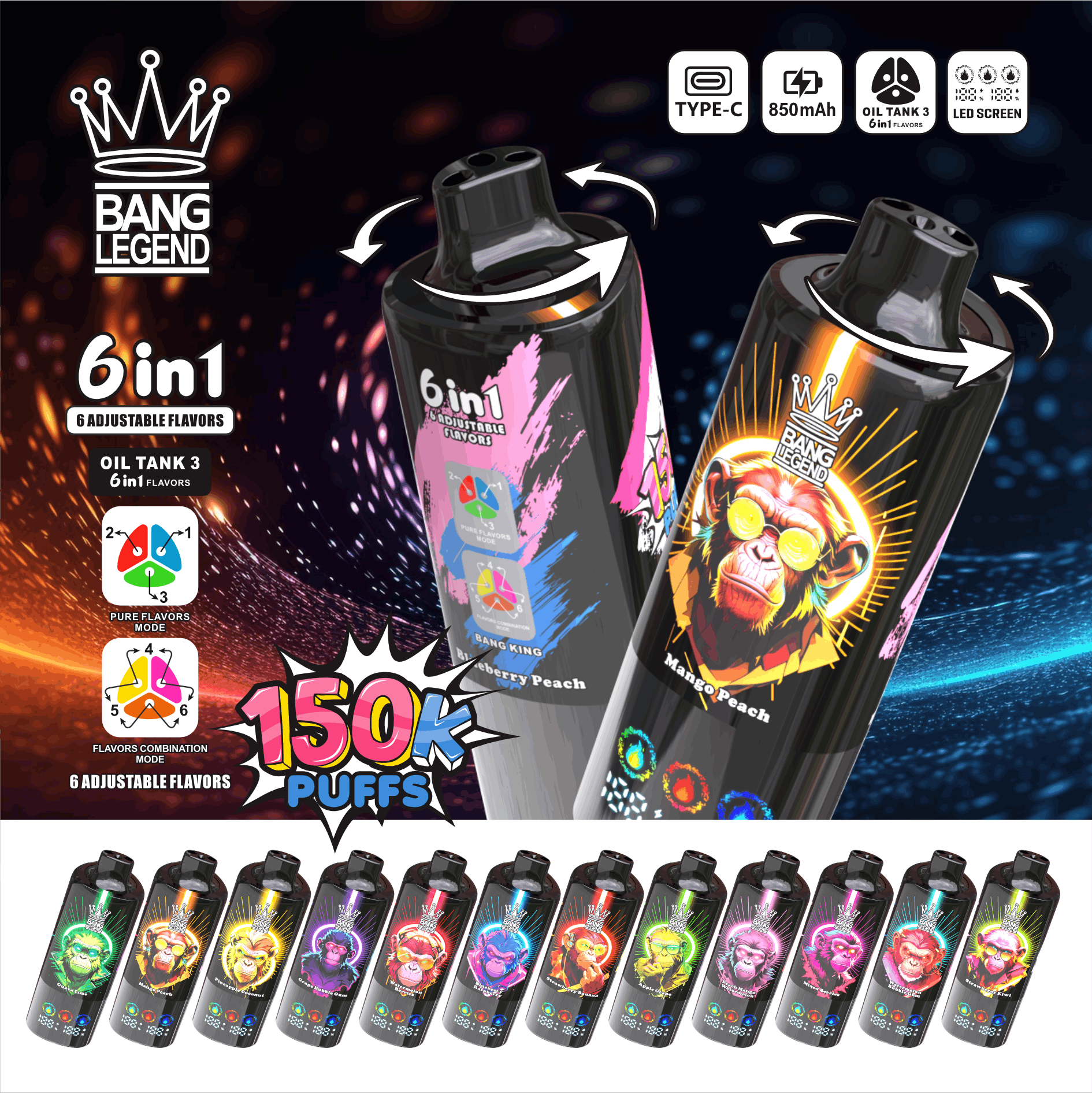 【New Arrive】Bang Legend 150000 150K Puffs 6 in 1 Flavors Newest Original Rechargeable LED Display Disposable Vape