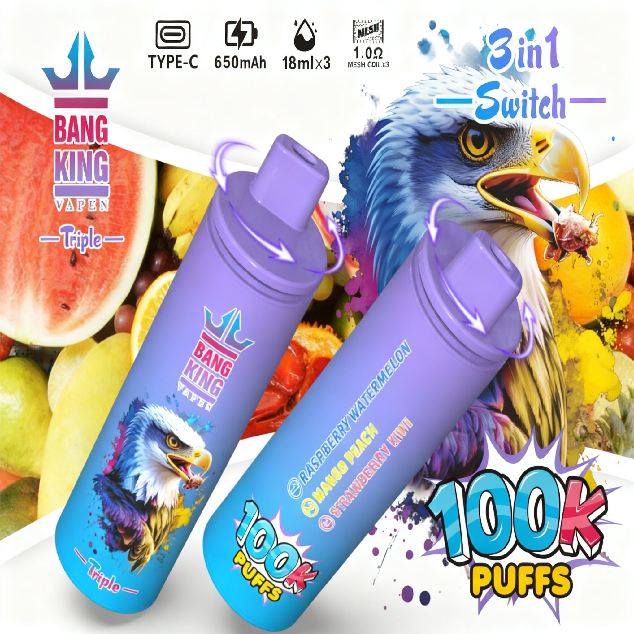 Bang King Triple 100000 100K Puffs 3 in 1 Flavors Original Rechargeable Disposable Vape - Image 7