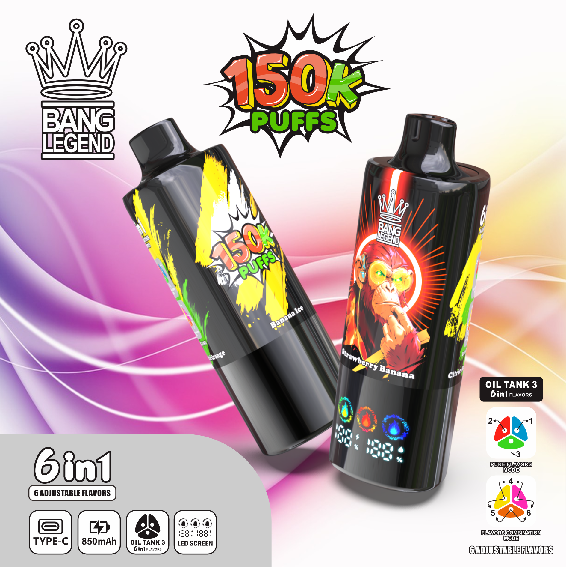 【New Arrive】Bang Legend 150000 150K Puffs 6 in 1 Flavors Newest Original Rechargeable LED Display Disposable Vape - Image 6
