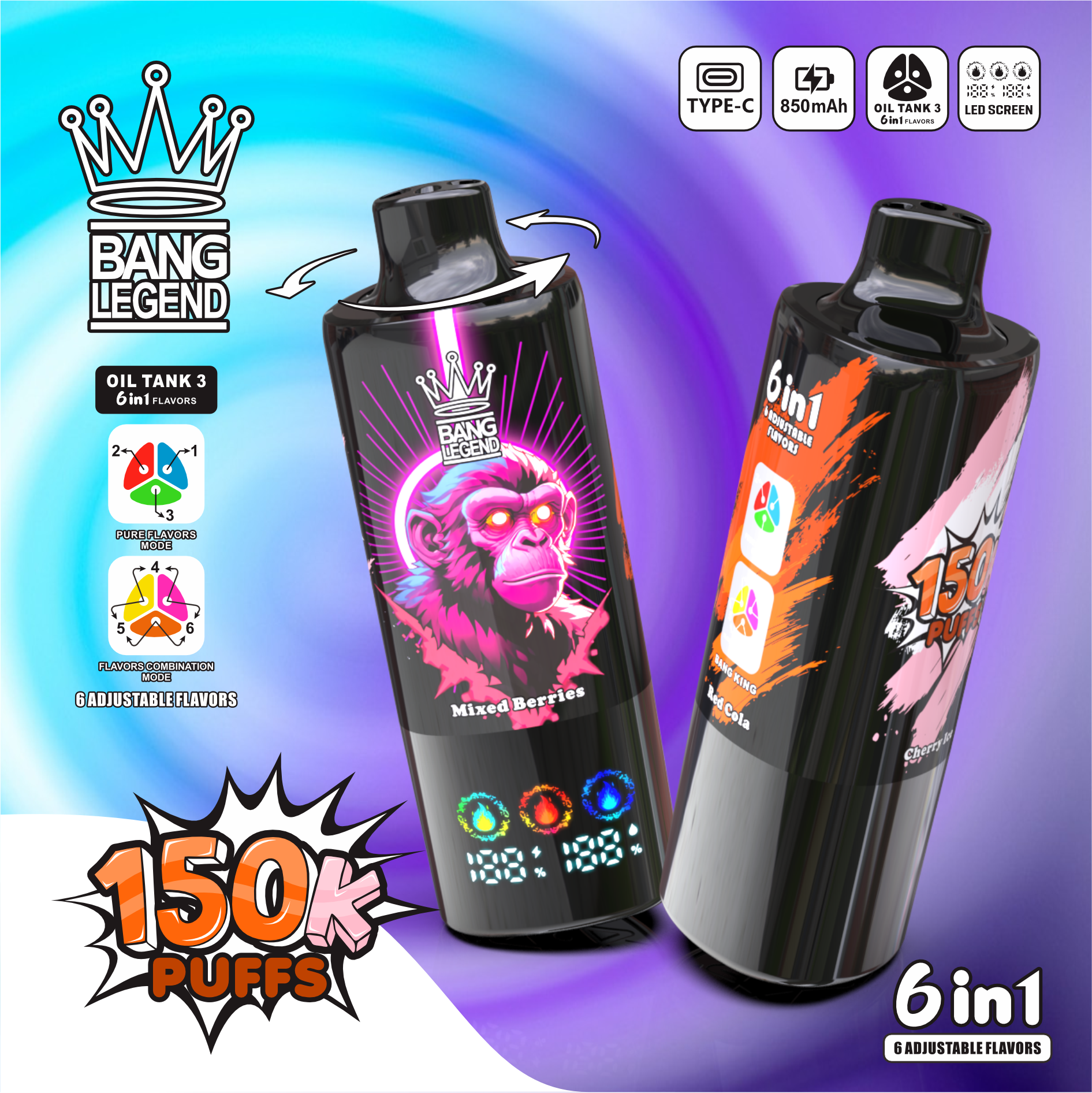 【New Arrive】Bang Legend 150000 150K Puffs 6 in 1 Flavors Newest Original Rechargeable LED Display Disposable Vape - Image 2