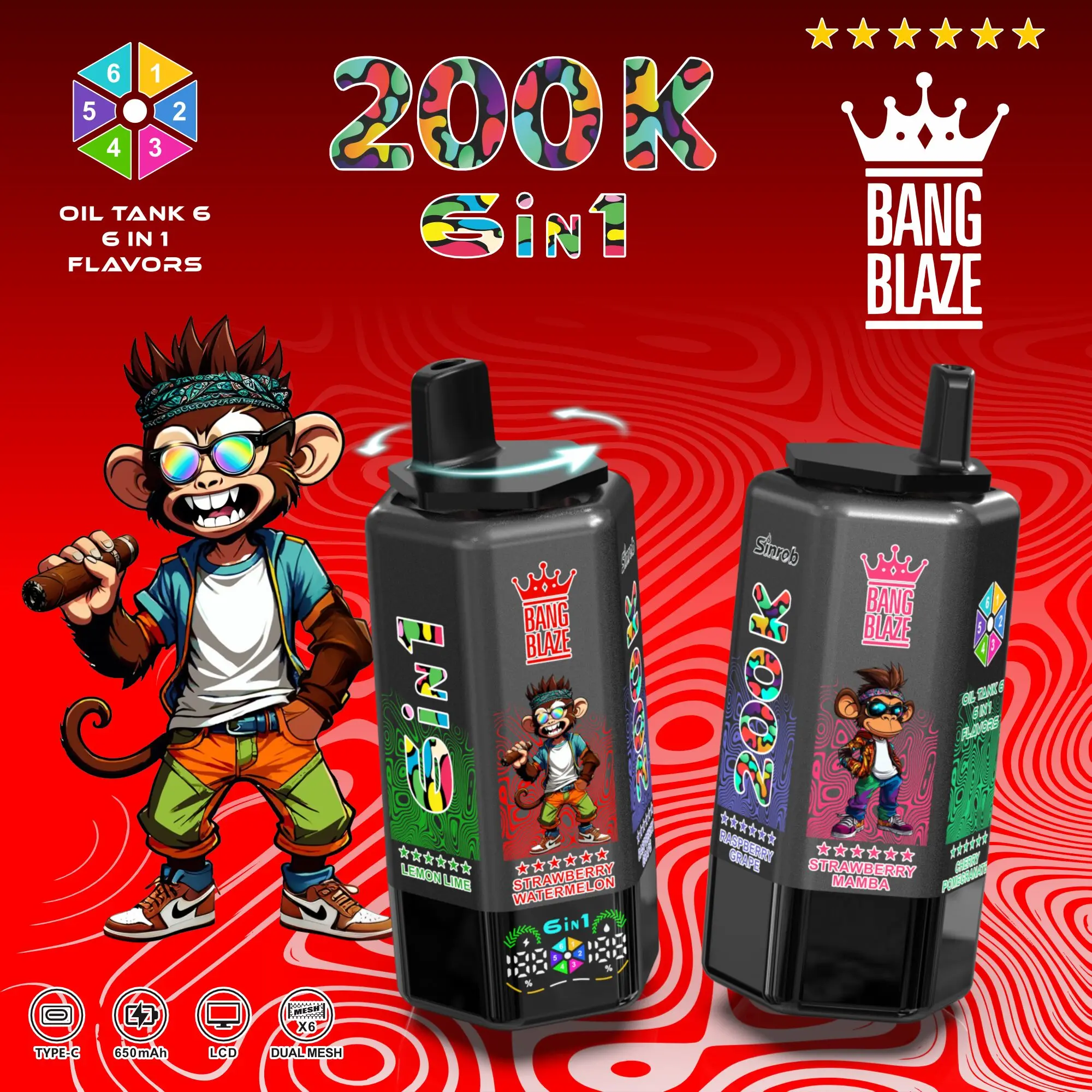 Bang Blaze 200000 200K Puffs 6 in 1 Flavors & 6 oil tanks Rechargeable LCD Display Disposable Vape - Image 16