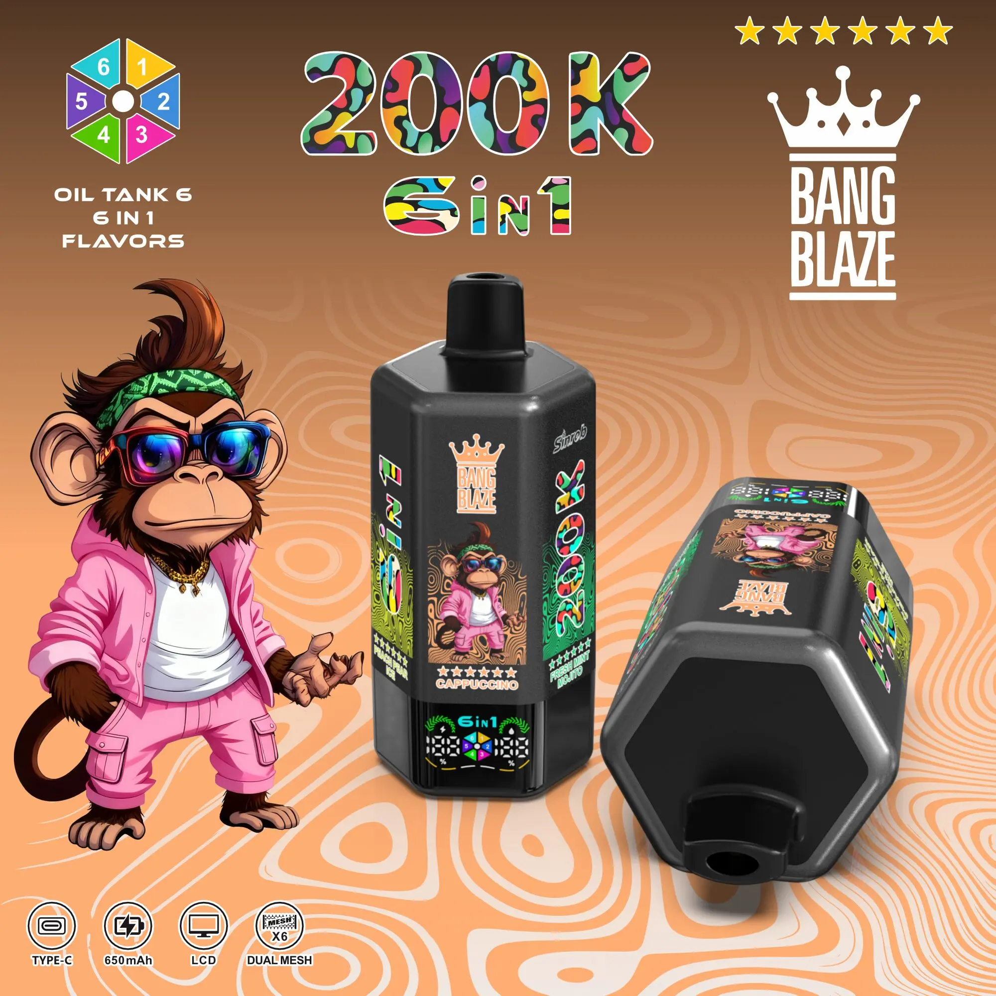 Bang Blaze 200000 200K Puffs 6 in 1 Flavors & 6 oil tanks Rechargeable LCD Display Disposable Vape - Image 12