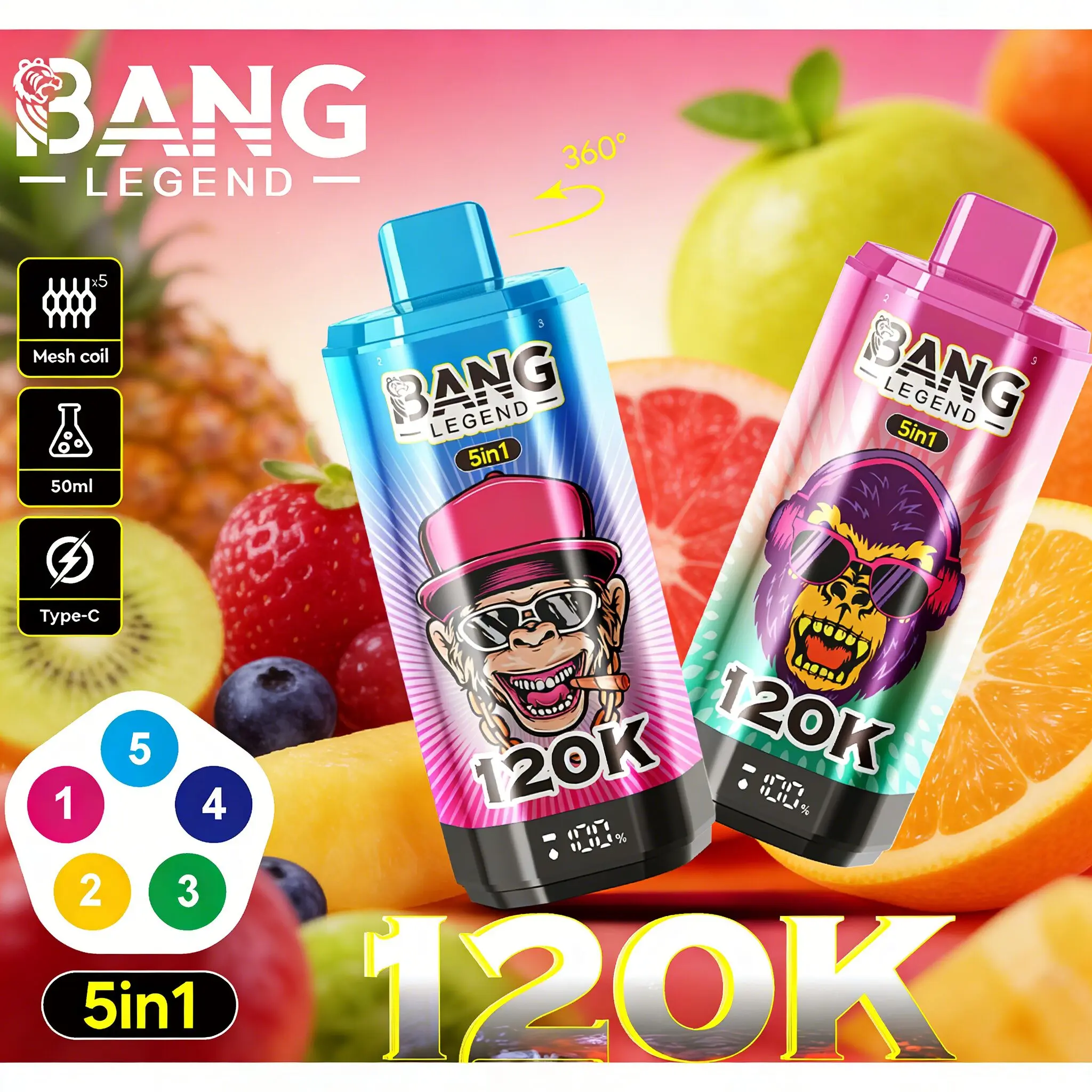 Bang Legend 120000 120K Puffs 5 in 1 Flavors & 5 oil tanks Rechargeable LCD Display Disposable Vape EU Warehouse - Image 2