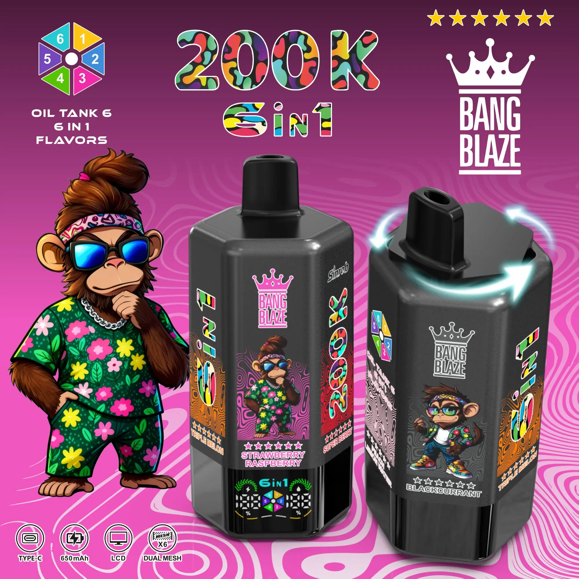 Bang Blaze 200000 200K Puffs 6 in 1 Flavors & 6 oil tanks Rechargeable LCD Display Disposable Vape - Image 8