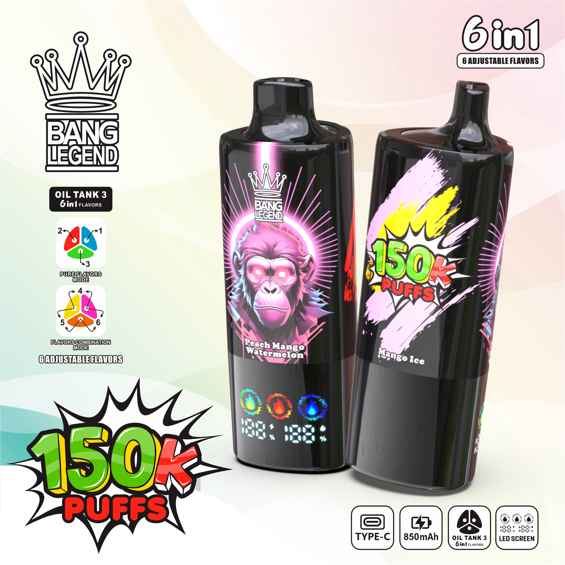 【New Arrive】Bang Legend 150000 150K Puffs 6 in 1 Flavors Newest Original Rechargeable LED Display Disposable Vape - Image 4