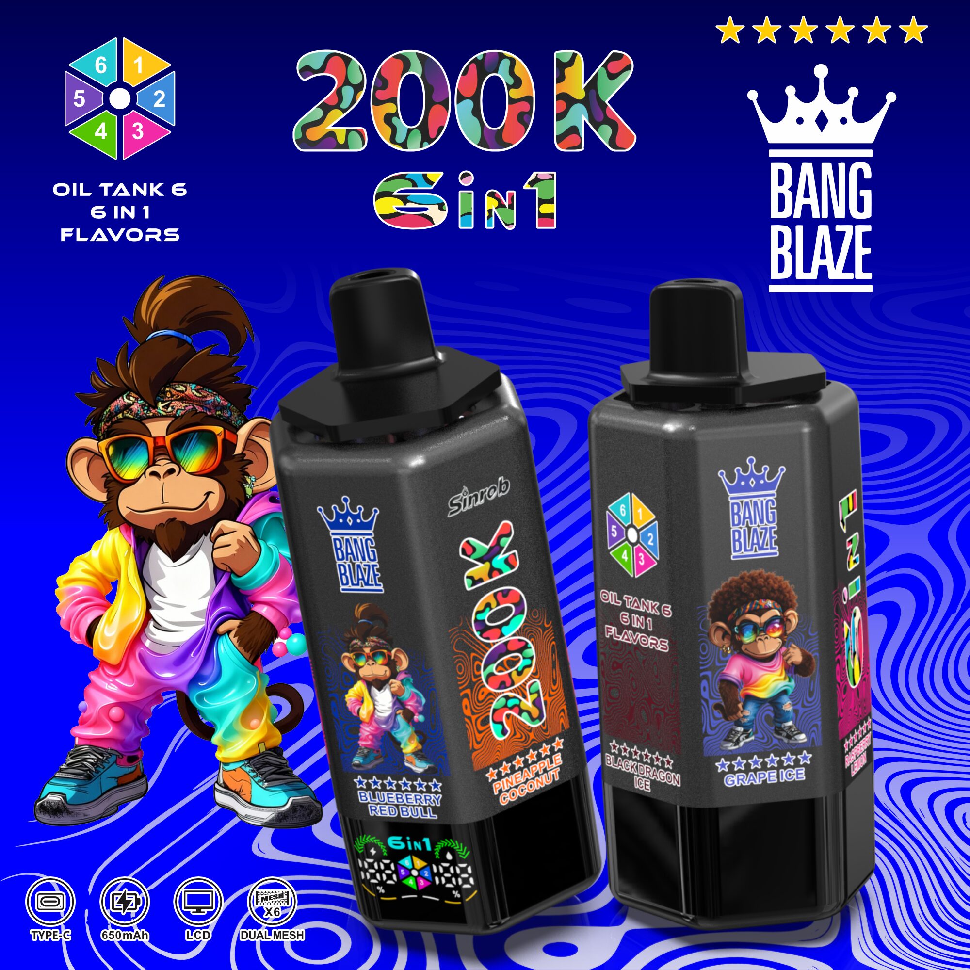 Bang Blaze 200000 200K Puffs 6 in 1 Flavors & 6 oil tanks Rechargeable LCD Display Disposable Vape - Image 13